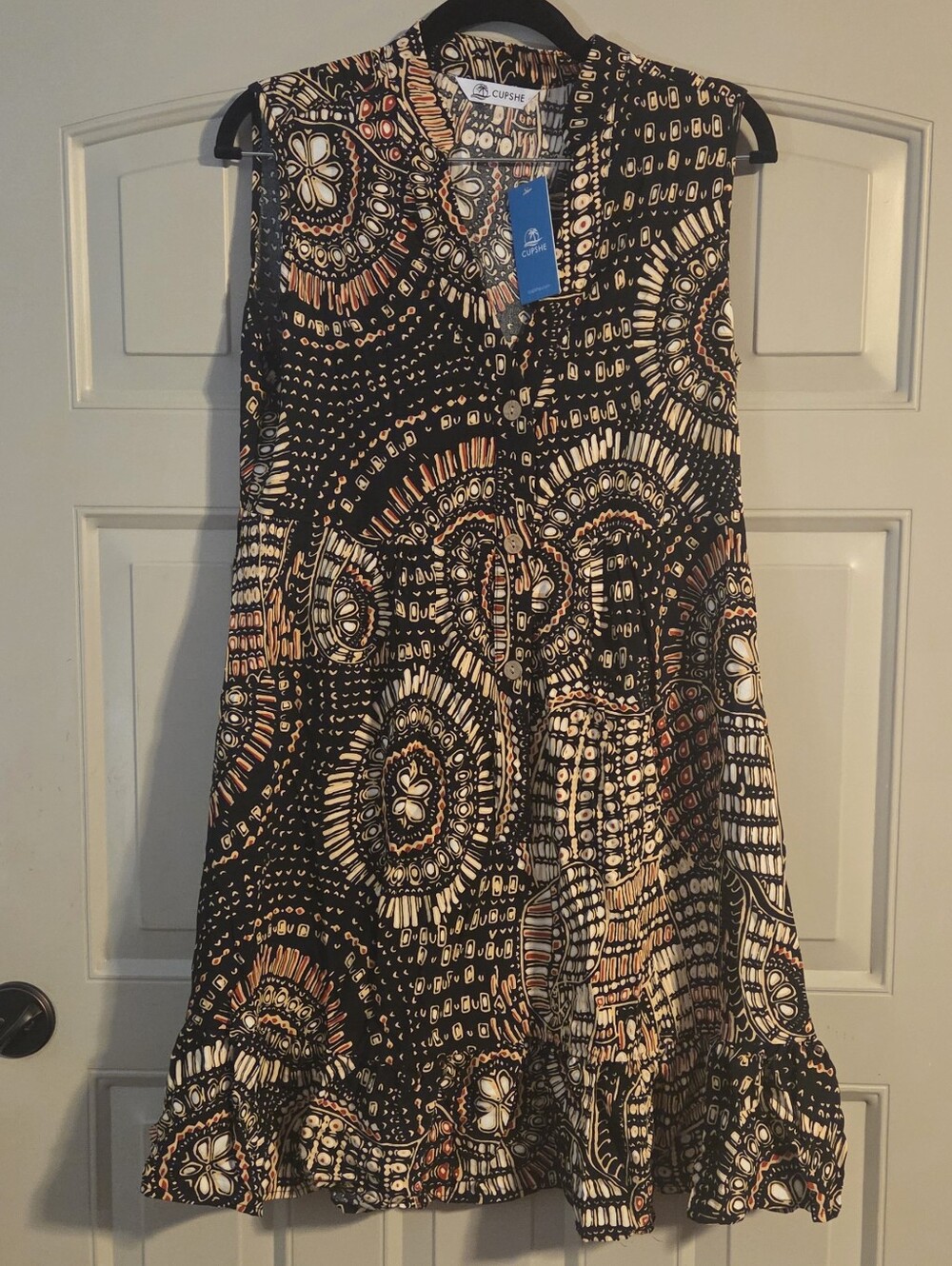 NWT - Cupshe S Black Printed Sleeveless Dress with Cream and Rust Accents